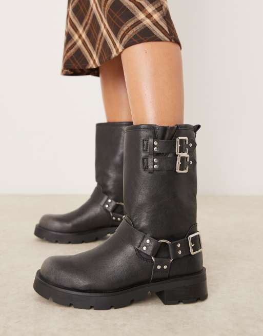 Glamorous Wide Fit harness biker boots in washed grey ASOS