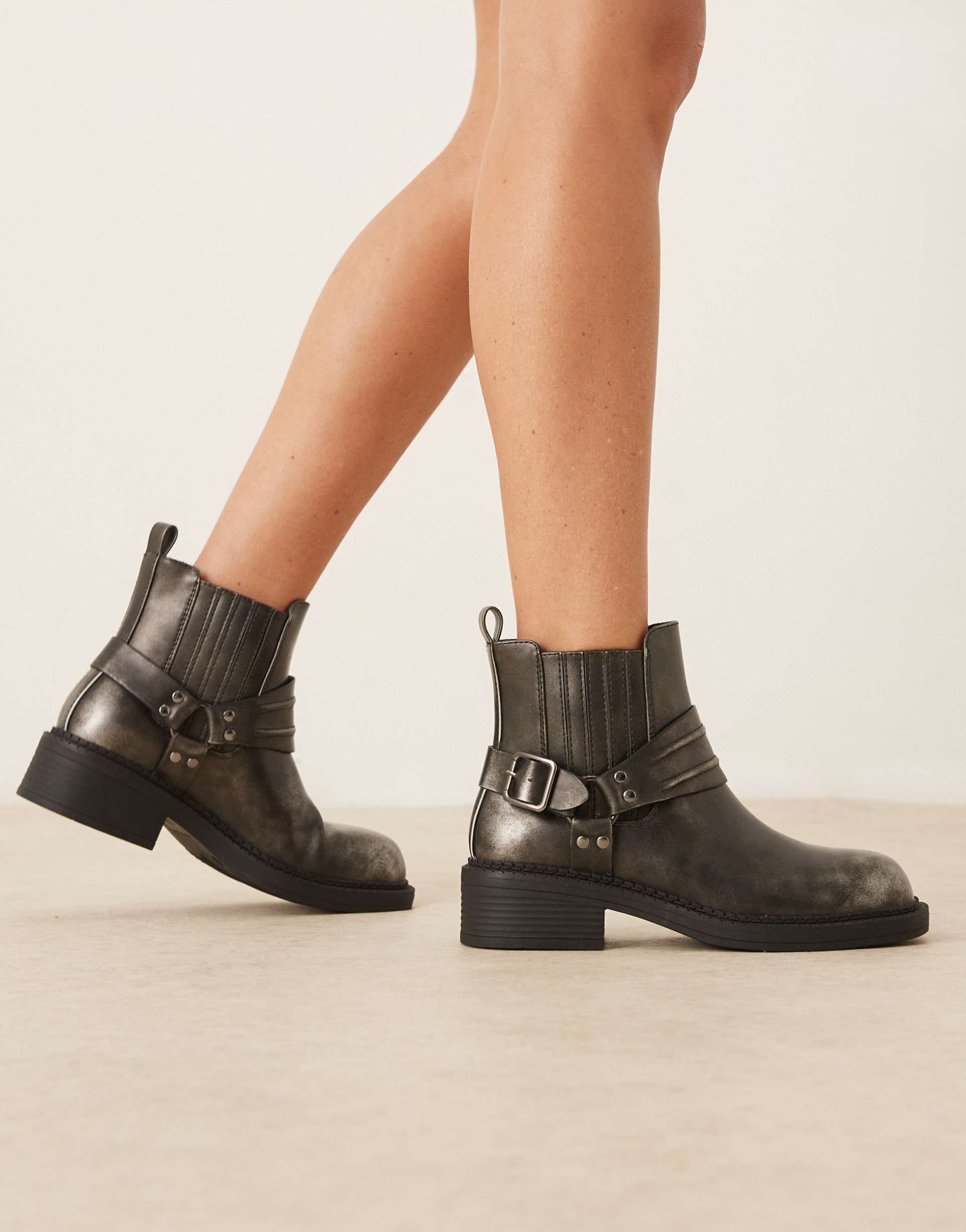 glamorous wide fit harness low ankle boots in washed black
