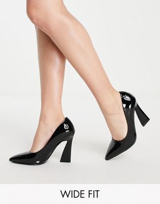 Glamorous Wide Fit heel shoe in black patent