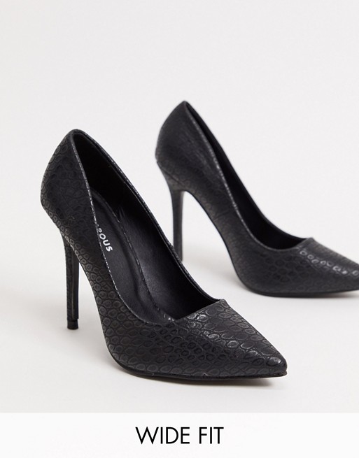 Glamorous Wide Fit heeled court shoes in black croc