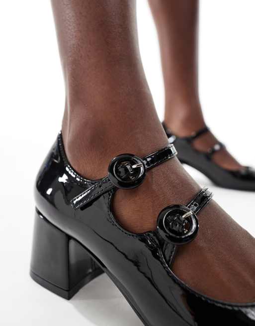 Glamorous Wide Fit heeled mary janes in black patent