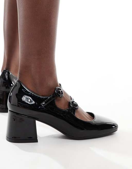 Glamorous Wide Fit heeled mary janes in black patent