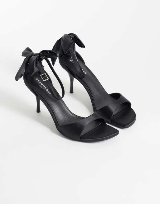 Glamorous Wide Fit heeled sandals with bow back detail in black, 2 of 4