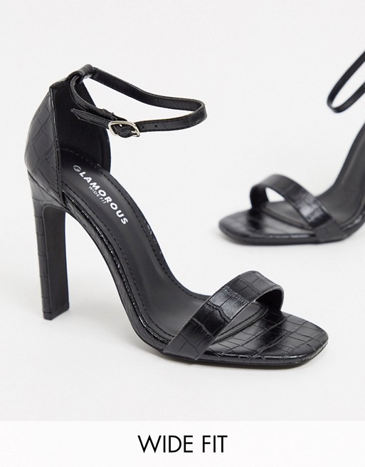 Glamorous Wide Fit heeled sandals with set back heel in black croc
