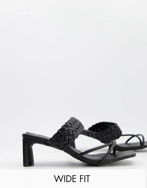 Glamorous Wide Fit heeled sandals with woven detail in black