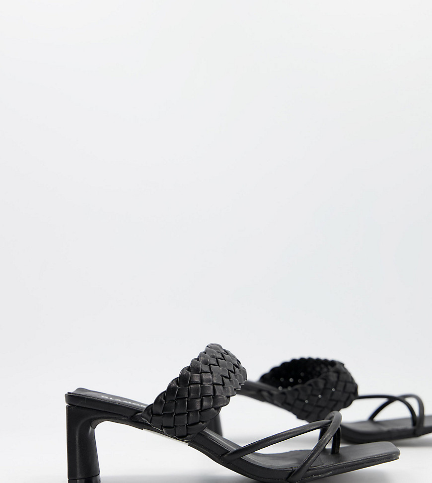 Glamorous Wide Fit heeled sandals with woven detail in black