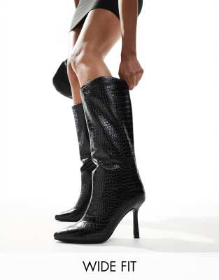 kitten heel knee boots in black croc