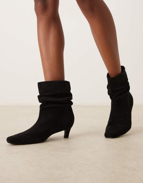 Glamorous Wide Fit kitten heel ruched mid ankle boots in black micro - view 1