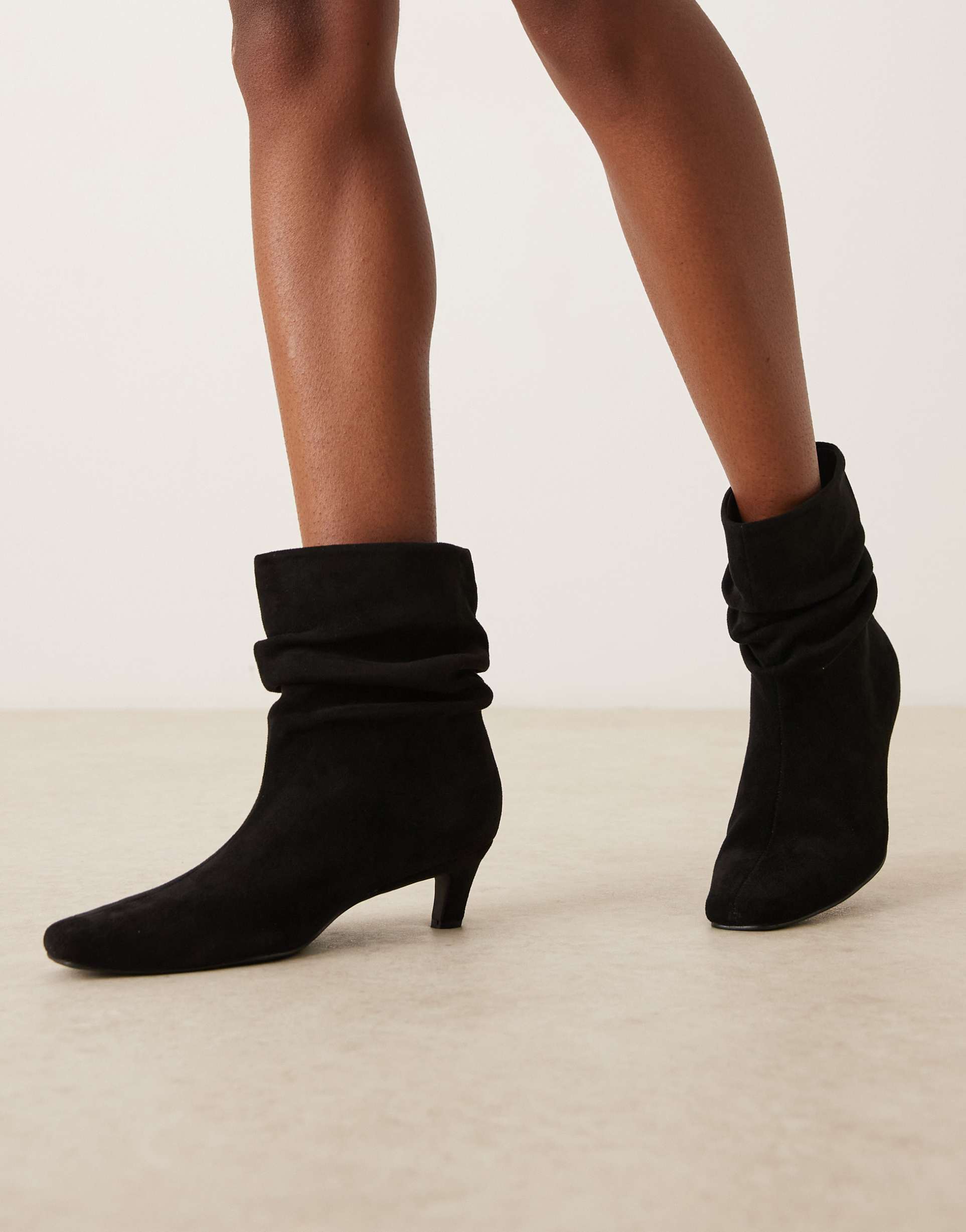 glamorous wide fit kitten heel ruched mid ankle boots in black micro