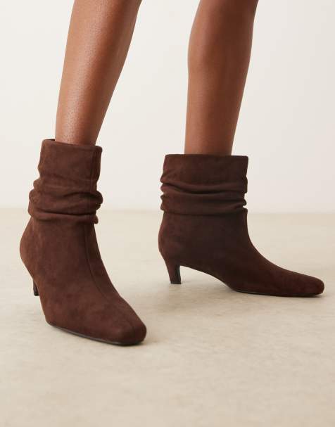 Glamorous Wide Fit kitten heel ruched mid ankle boots in brown microsuede - view 1