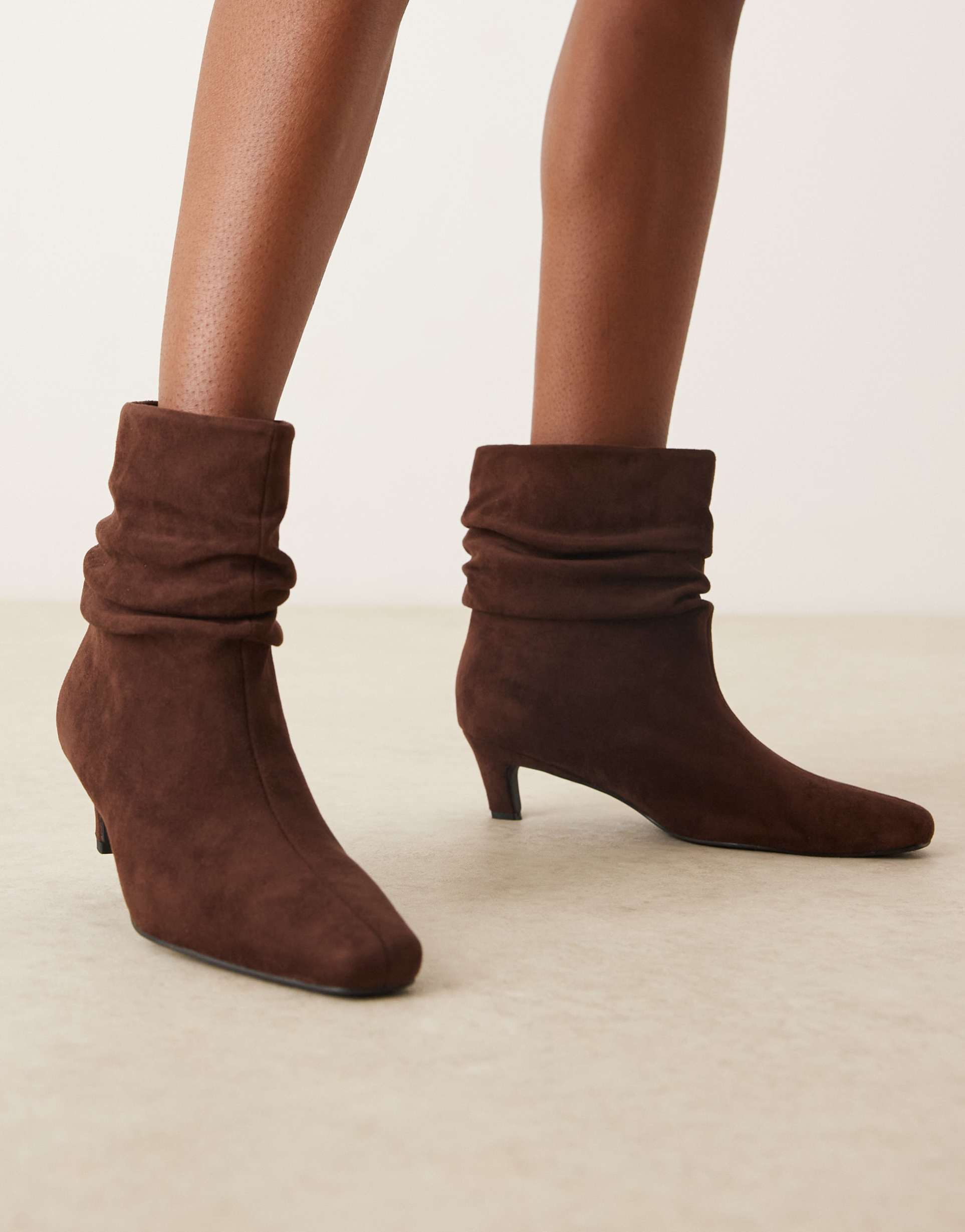 glamorous wide fit kitten heel ruched mid ankle boots in brown microsuede