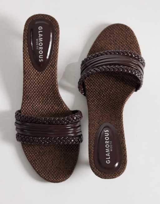 Glamorous Wide Fit kitten heeled woven sandals in brown, 2 of 4
