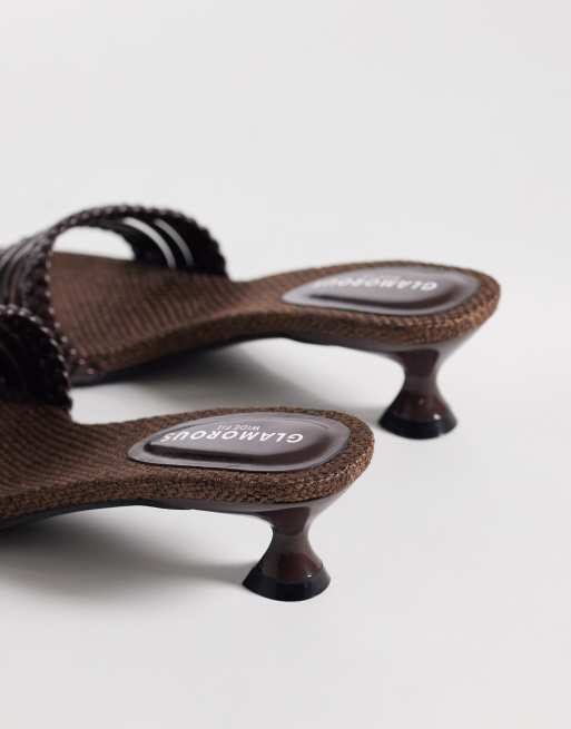 Glamorous Wide Fit kitten heeled woven sandals in brown, 3 of 4