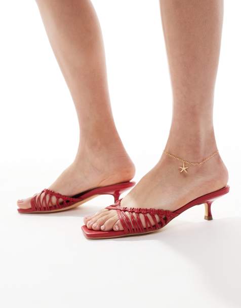 Glamorous Wide Fit kitten heeled woven sandals in red - view 1