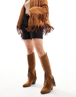 Glamorous Wide Fit Knee Tassel Western Boots In Chestnut-brown