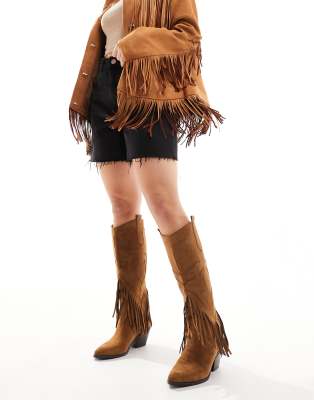 Glamorous Wide Fit – Kniehohe Westernstiefel in Kastanienbraun mit Fransen