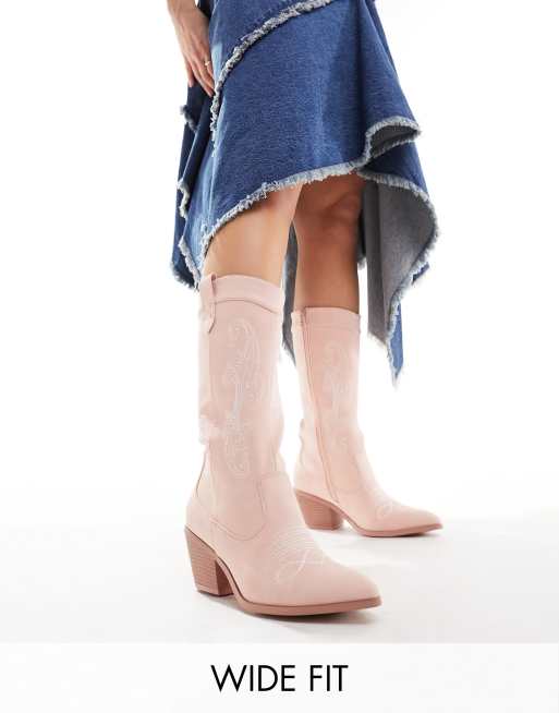 Glamorous Wide Fit – Kniehohe Westernstiefel in Rosa/Mikro