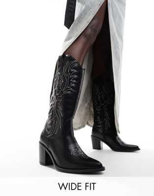 Glamorous Wide Fit - Kniehohe Westernstiefel in Schwarz mit Absatz und weiter Passform