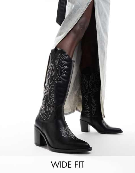 Glamorous Wide Fit – Kniehohe Westernstiefel in Schwarz mit Absatz und weiter Passform - view 1