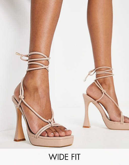 Glamorous Wide Fit knot front platform heel sandals in beige