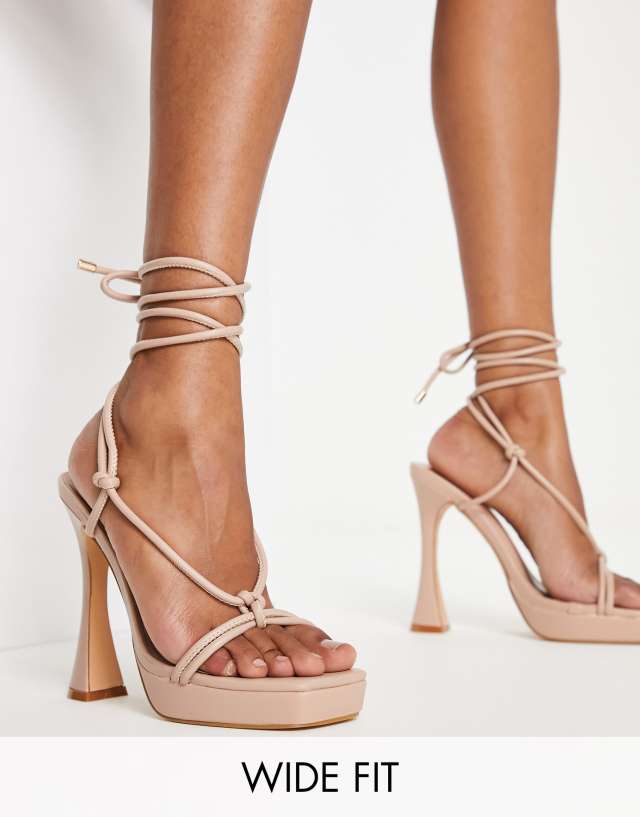 Glamorous Wide Fit knot front platform heel sandals in beige