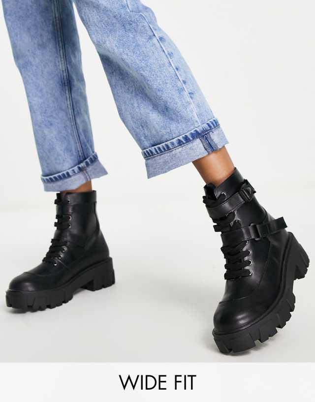 Glamorous Wide Fit lace up flat ankle boots with buckles in black