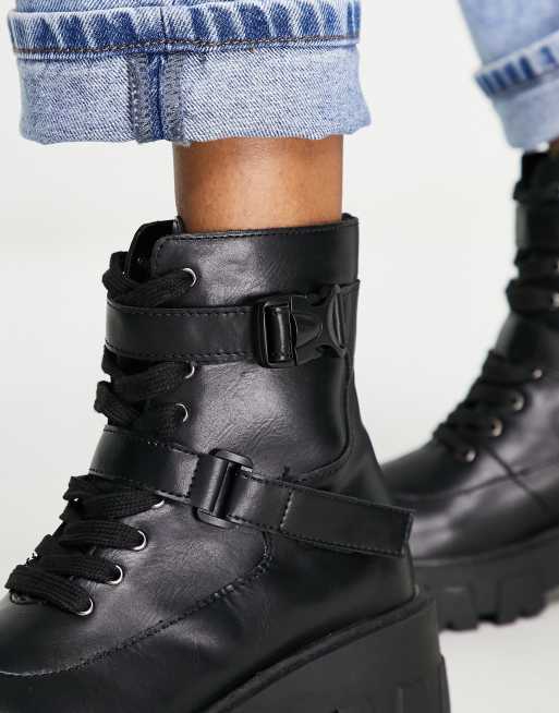 Buckle Lace Up Booties (Black)