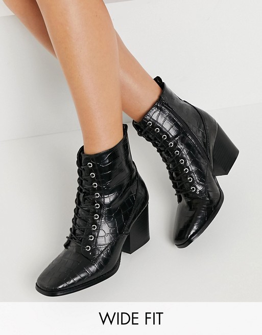 Glamorous Wide Fit lace up heeled ankle boots with square toe in black croc