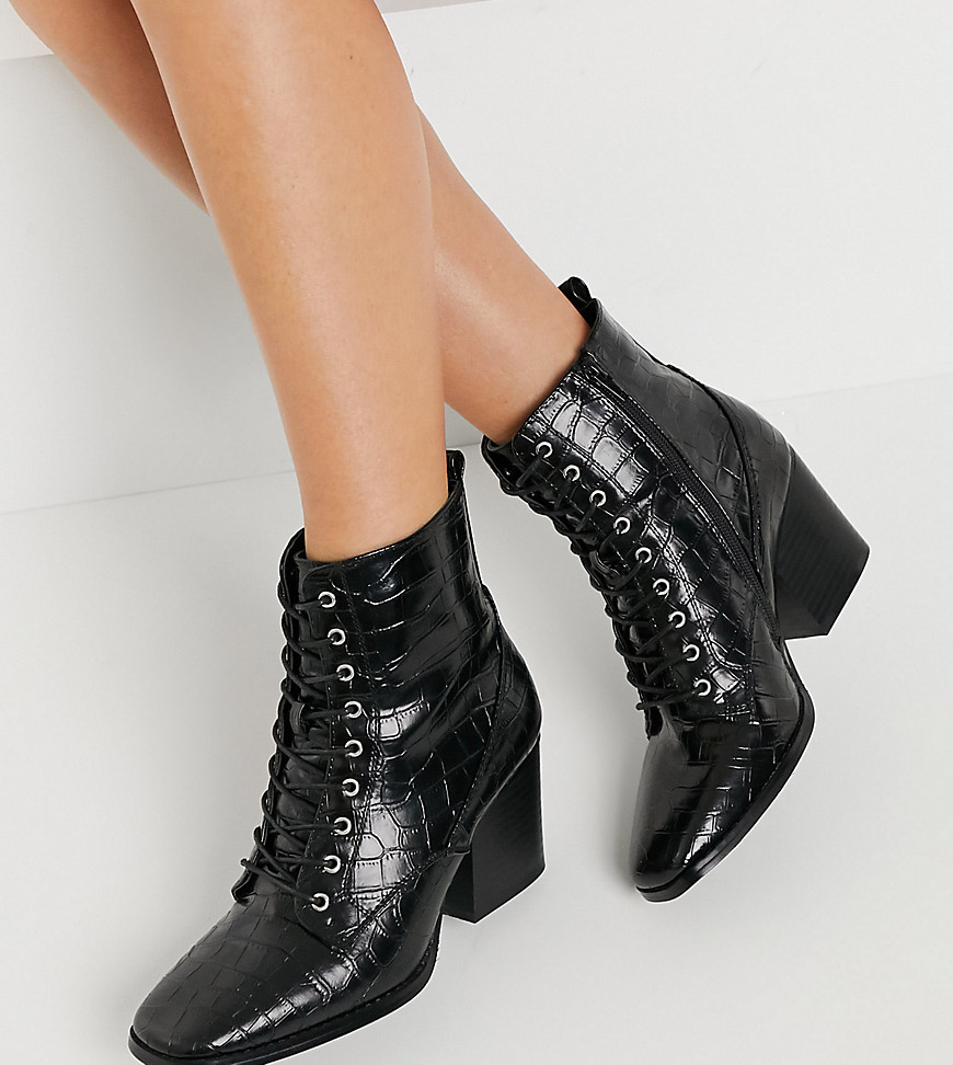 Glamorous Wide Fit lace up heeled ankle boots with square toe in black croc