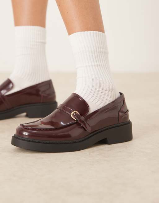 Glamorous Wide Fit loafers with buckle details in burgundy