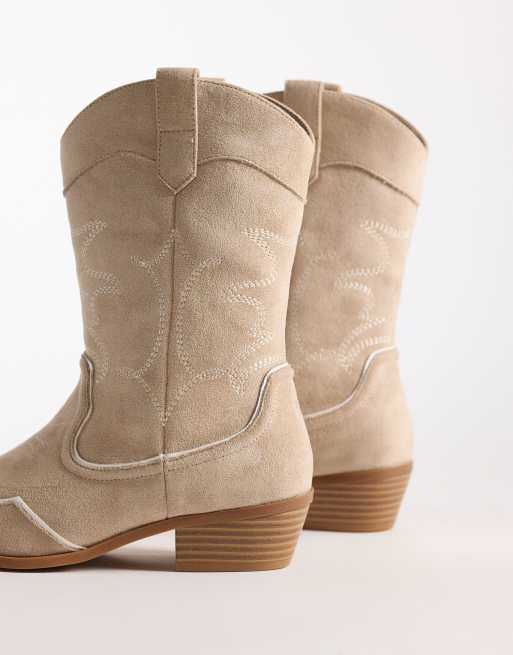 Glamorous Wide Fit low ankle western boots in taupe suedette, 4 of 4