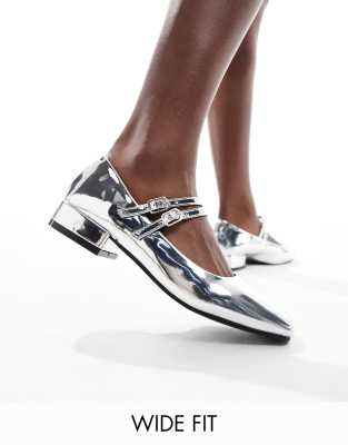 Glamorous Wide Fit - Mary Jane-Schuhe in Silber mit Doppelriemen, weite Passform