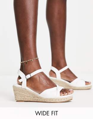 Glamorous Wide Fit Mid Espadrille Wedge Sandals In White Pu