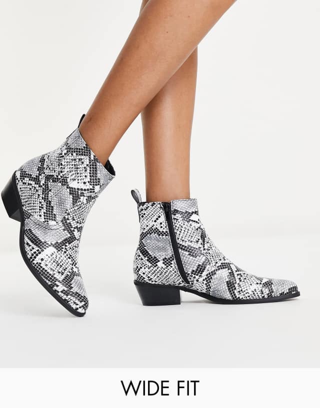 Glamorous Wide Fit mid heel ankle boots in mono snake print