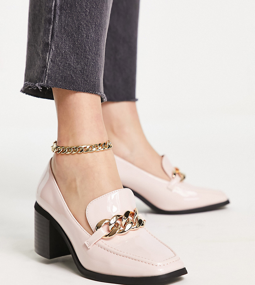 Glamorous Wide Fit Mid Heel Loafers In White In Pink