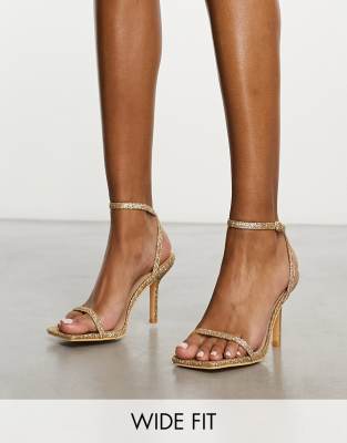 Glamorous Wide Fit - Minimalistische Absatzsandalen in glitzernder Goldoptik, weite Passform-Goldfarben