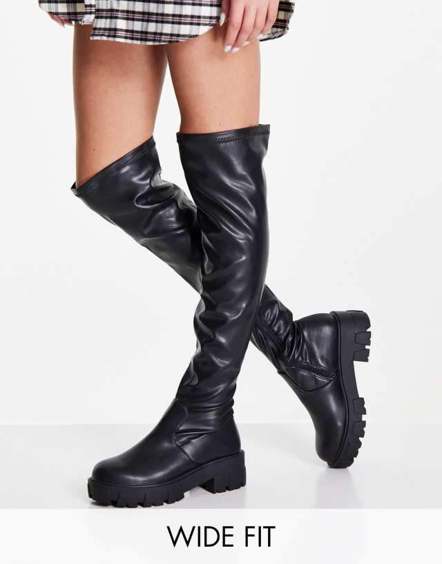 Glamorous Wide Fit over-the-knee flat boots in black stretch