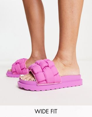 Glamorous Wide Fit padded weave slides in pink