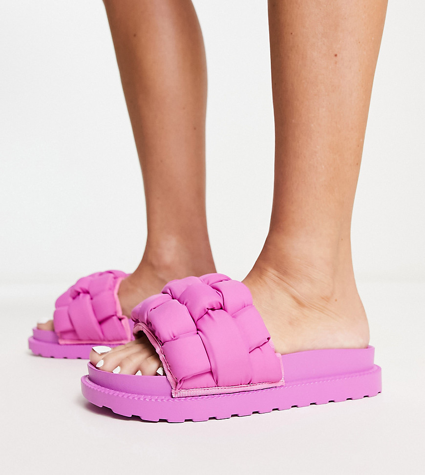 Glamorous Wide Fit padded weave slides in pink