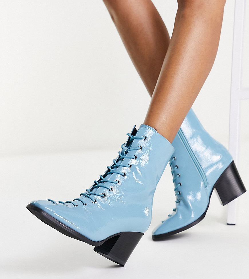 Glamorous Wide Fit Patent Lace Up Heel Boots In Pale Blue