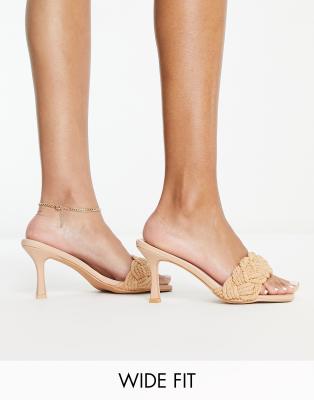 Glamorous Wide Fit Glamorous Wide Fit plaited mid heel mule sandals in camel-Neutral