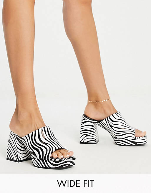 Glamorous Wide Fit platform heel mule sandals in zebra
