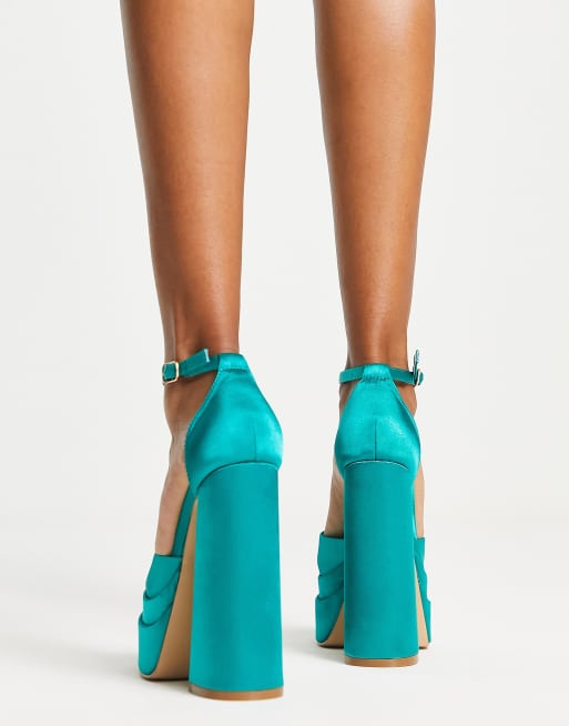 Glamorous Wide Fit platform heel sandals in teal satin exclusive