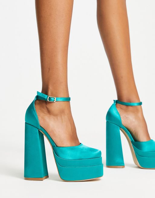 Glamorous Wide Fit platform heel sandals in teal satin exclusive