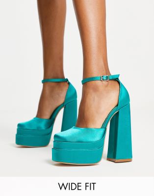  platform heel sandals in teal satin