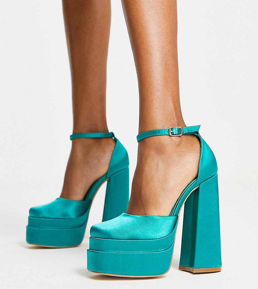 Glamorous Wide Fit platform heel sandals in teal satin-Blue