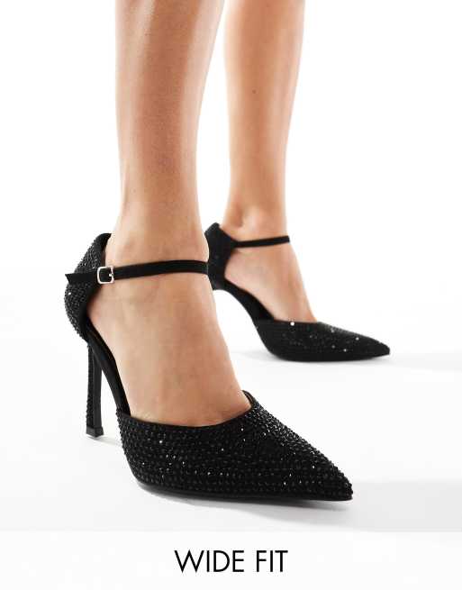 Glamorous Wide Fit pointed high heeled pumps in black embellished