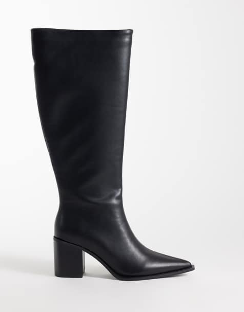 Glamorous Wide Fit pointed toe block heeled knee boots in black - view 1
