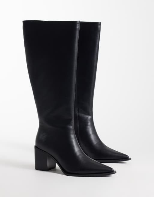 Glamorous Wide Fit pointed toe block heeled knee boots in black , 2 of 4
