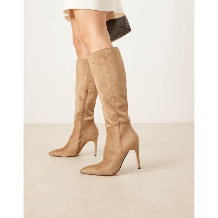 Glamorous Wide Fit pointed toe heeled knee boots in tan suede ASOS